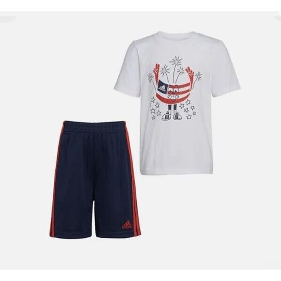 NWT adidas Boys Americana Graphic Set 7 Y Shirt Shorts Red White Blue USA July 4 - Picture 1 of 8